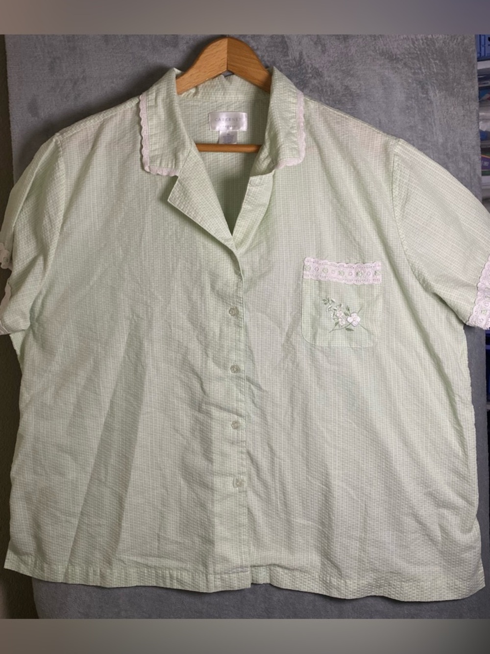 Light Green Embroidered Cotton Button-Up Top‎ Cottage Fairy Whimsy lace size M